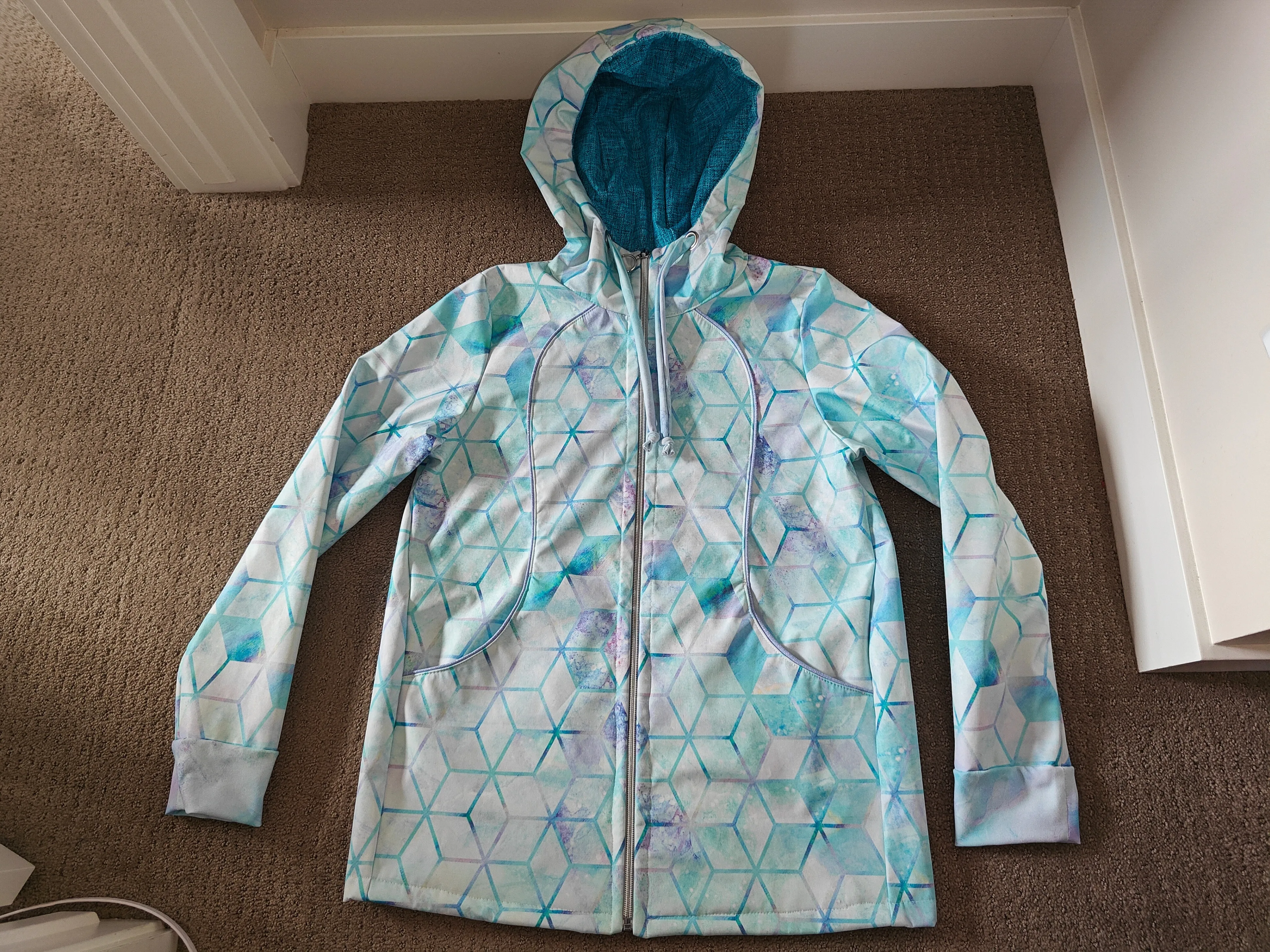 Medium Women Handmade White Blue Autumn / Spring Jacket w/ Hood thumbnail