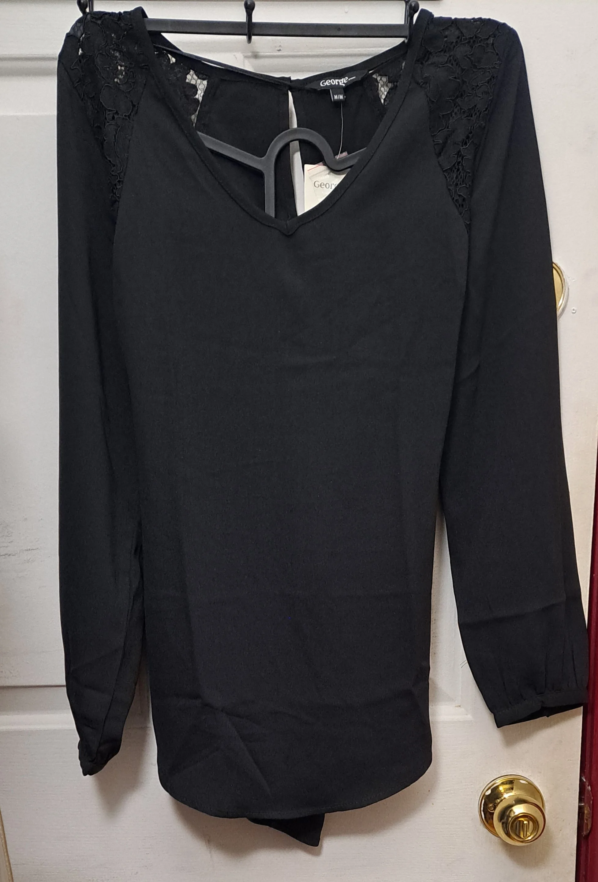 New Beautiful Lace Trim Yoke Long Sleeve Black Blouse thumbnail