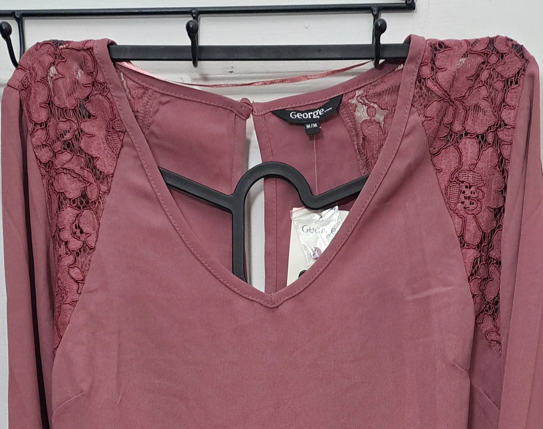 New Beautiful Lace Trim Yoke Long Sleeve Pink Blouse image indicator(3)