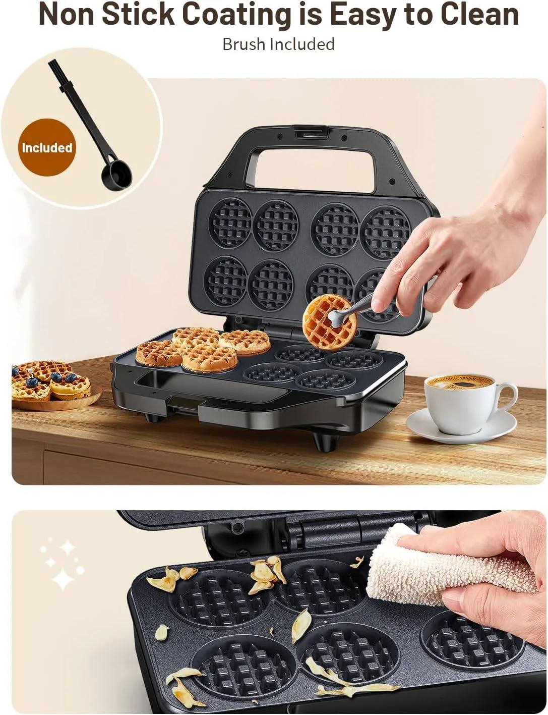Mini Waffle Maker for Kids, 8 x 1.8" Bites, Non-Stick, Black thumbnail