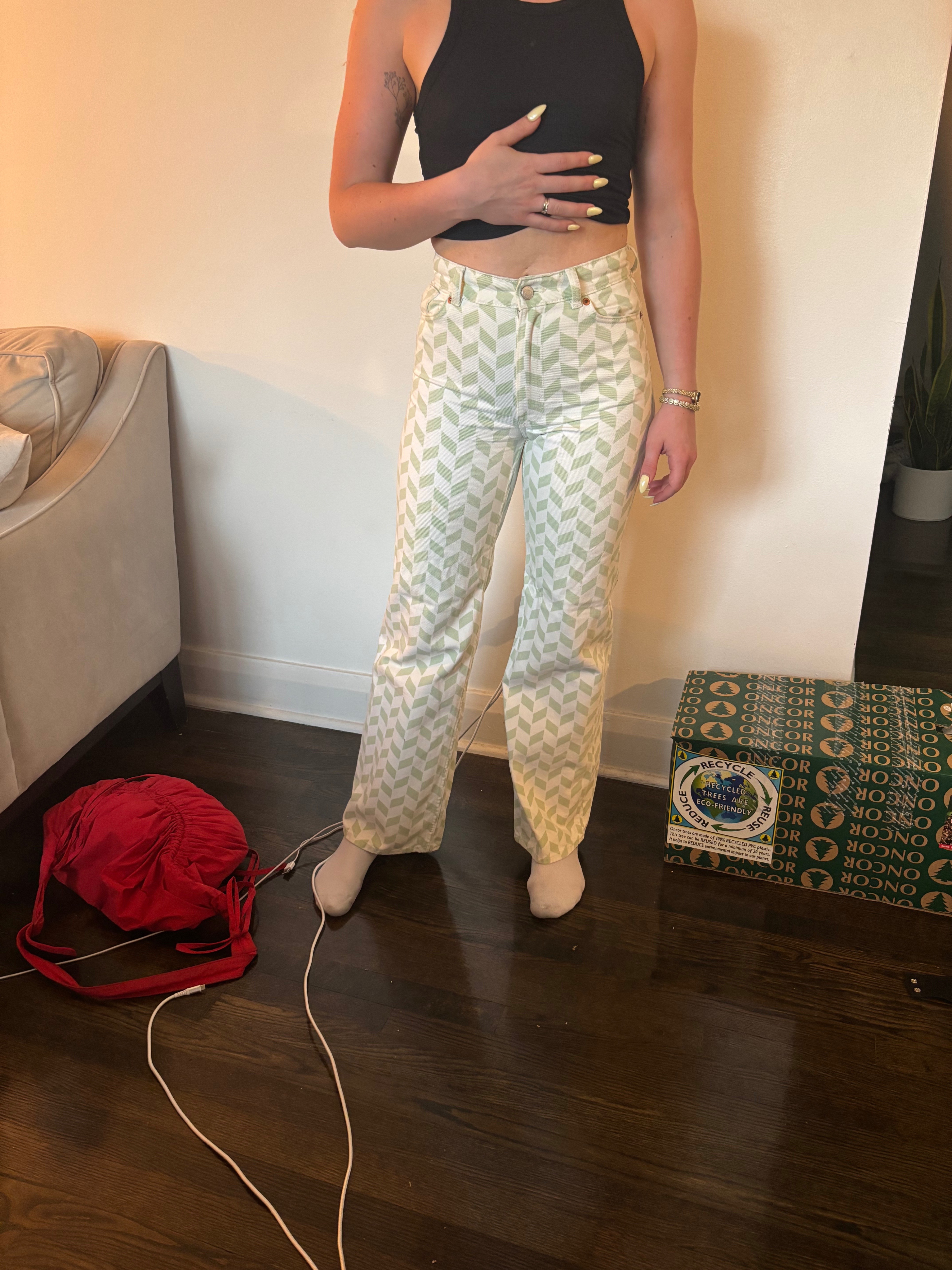 green and white pattern jeans