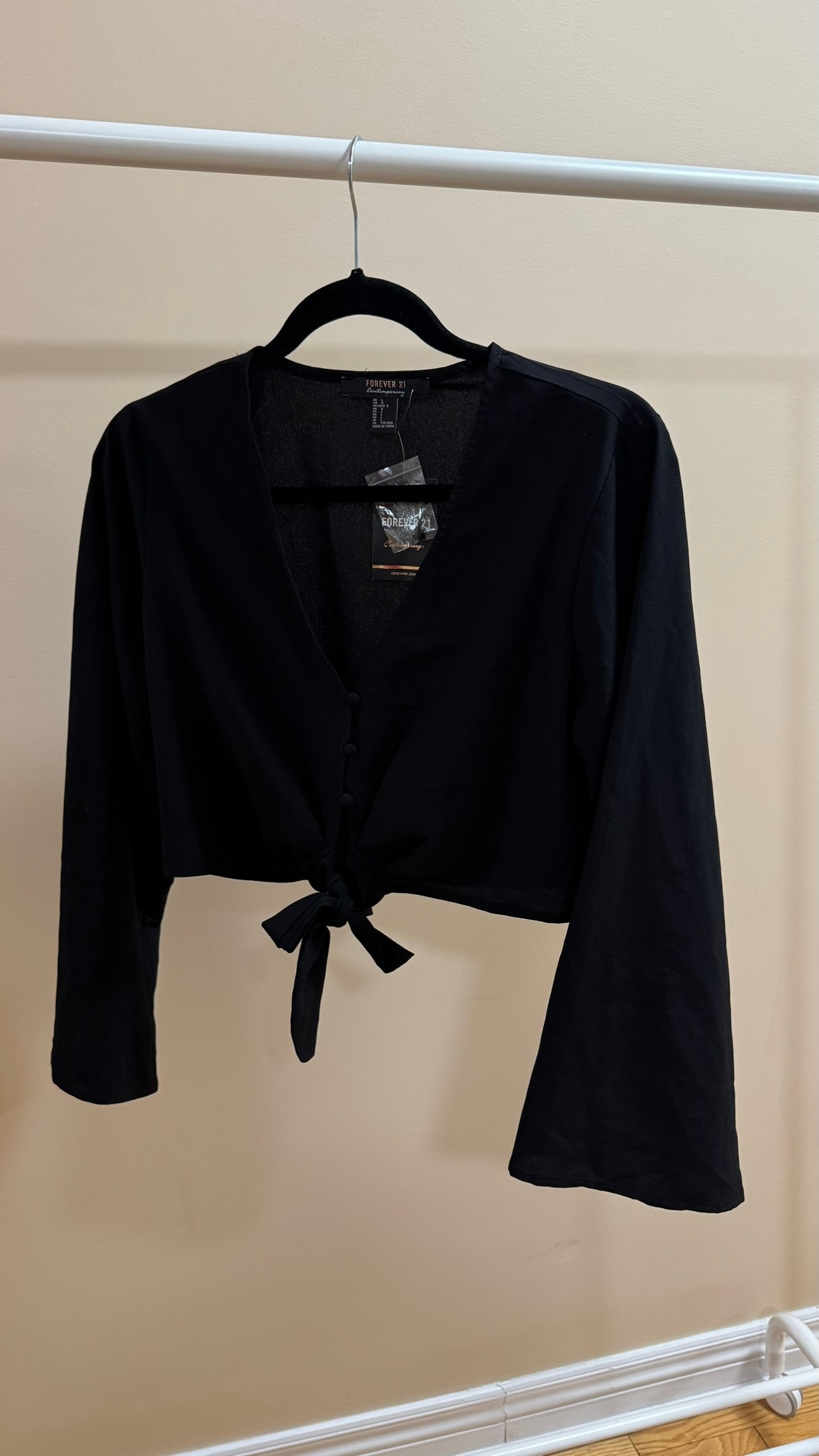 Forever 21 Contemporary Black Long Sleeve Tie-back top  (Size L)