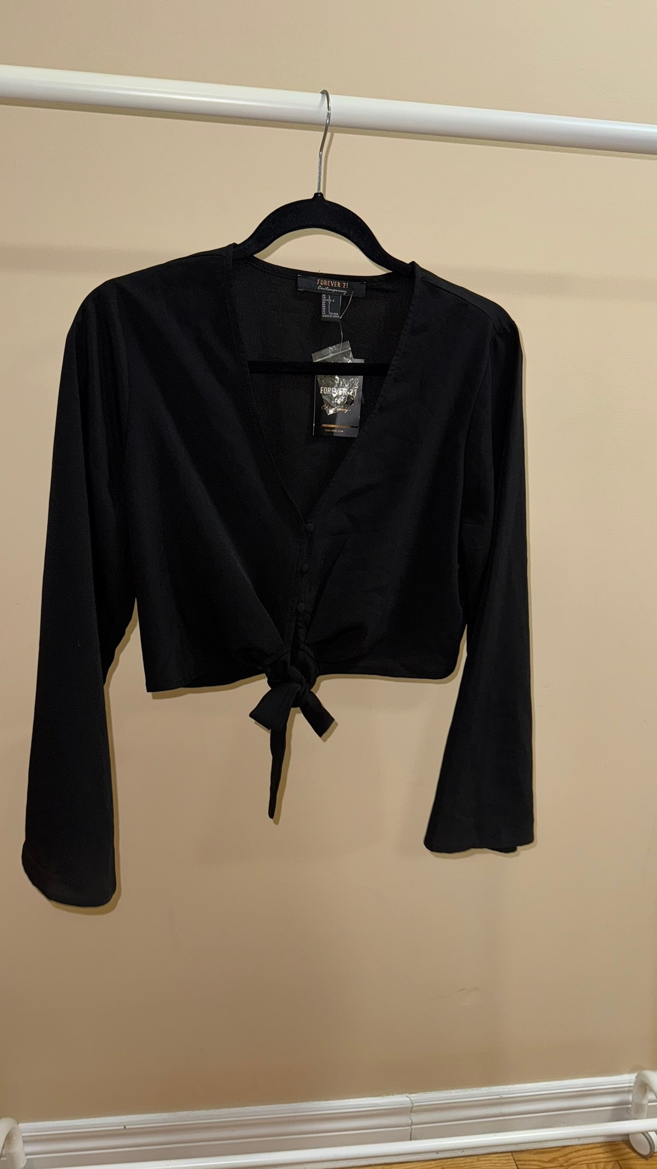 Forever 21 Contemporary Black Long Sleeve Tie-back top  (Size L) - photo 2
