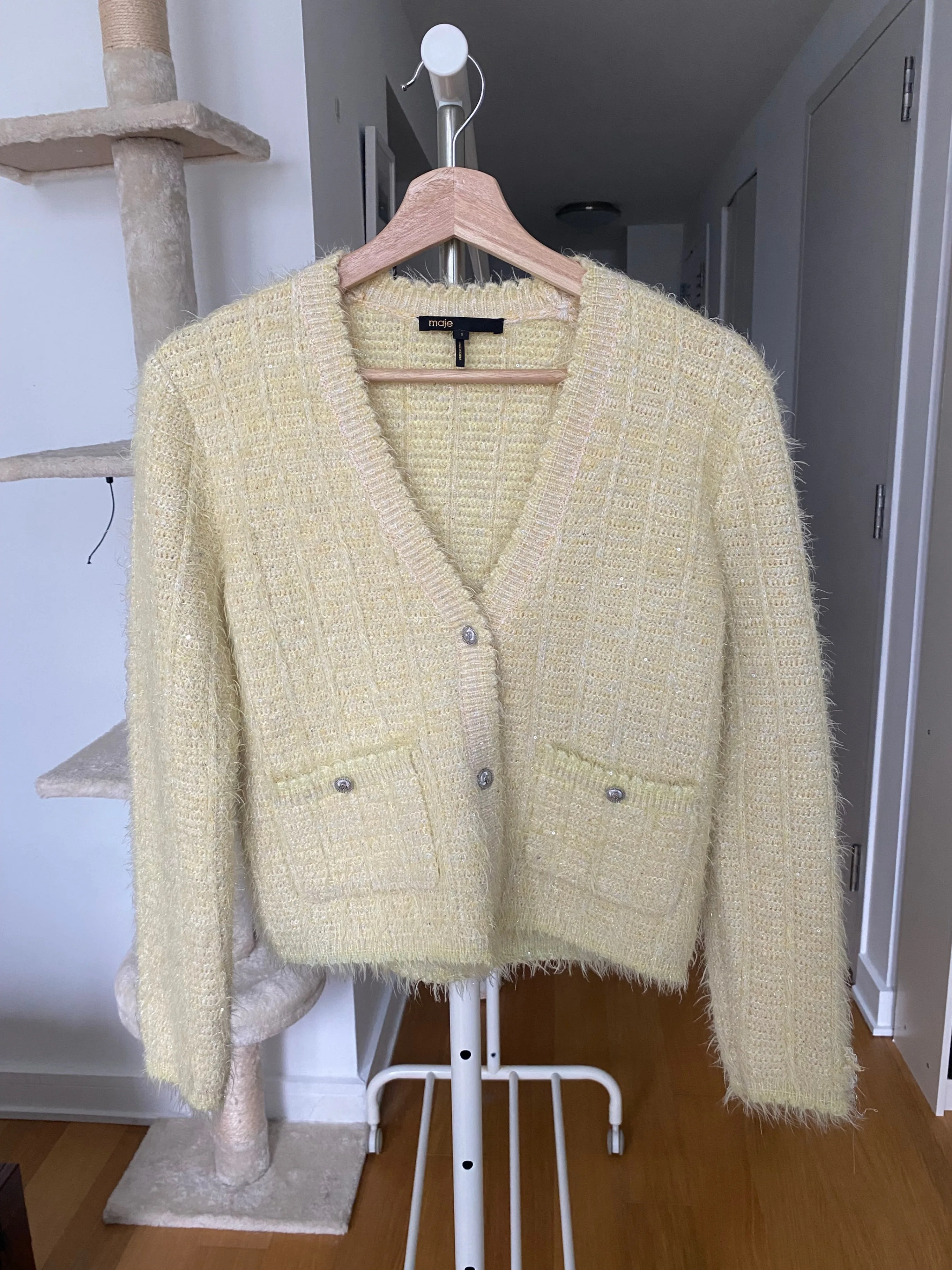 Maje butter yellow Tweed-effect knit cardigan thumbnail