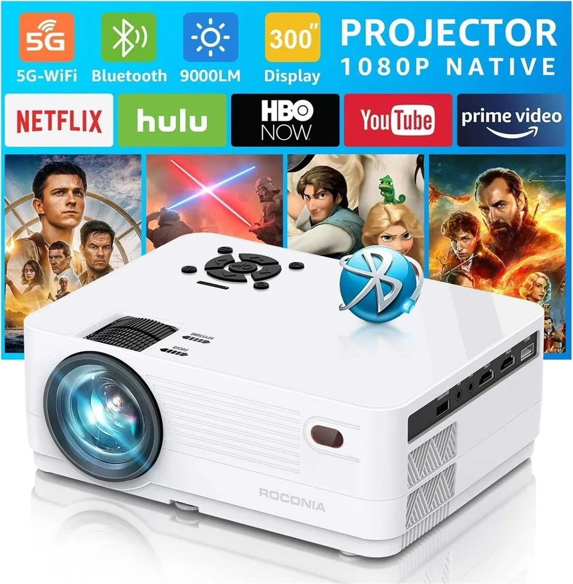 Roconia 1080P 5G WiFi Bluetooth Projector – Open Box, Like New image indicator(5)