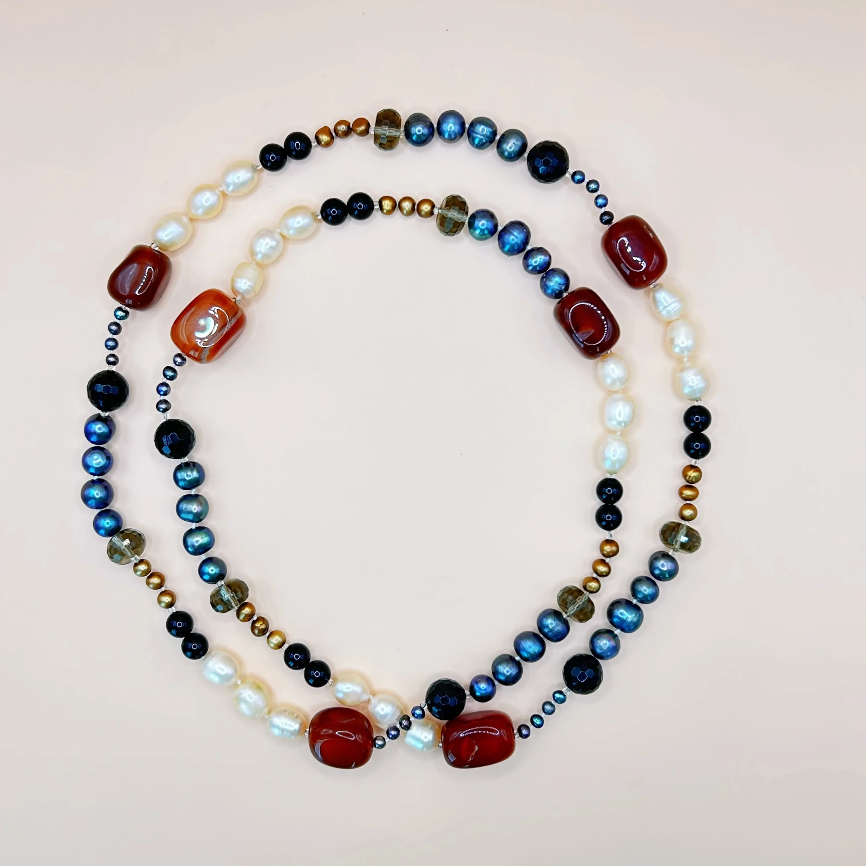 Vintage Beaded Necklace with Agate and Pearls, Long Strand thumbnail