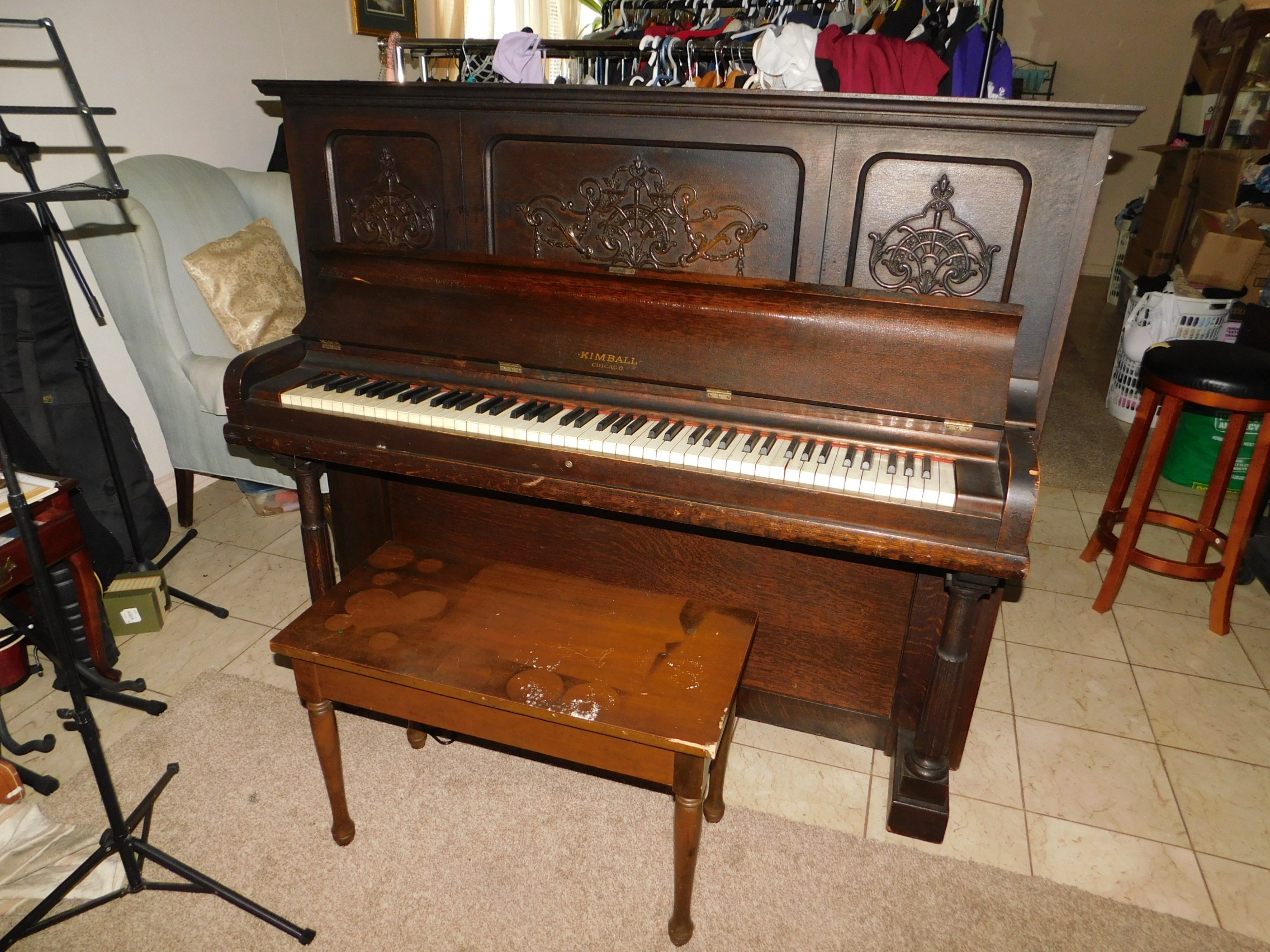 Antique Kimball Upright Piano and Matching Bench