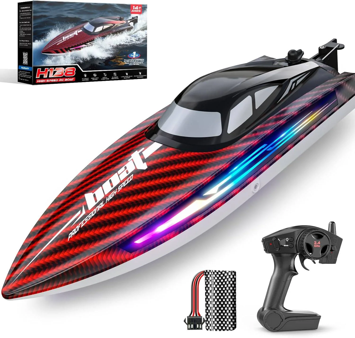 30KMH RC Boat with 7 LED Modes for Lake & Pool Fun, Red thumbnail