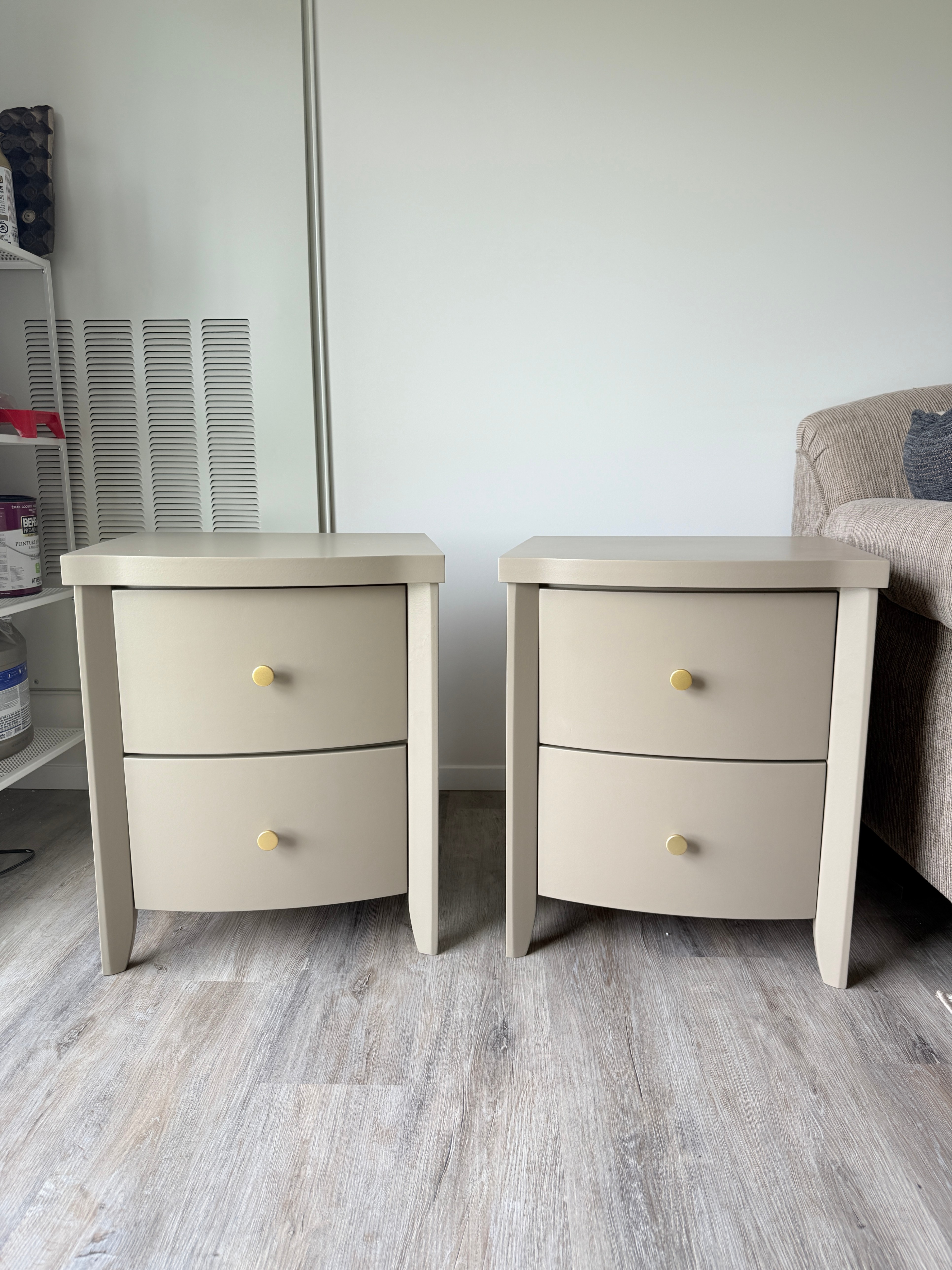 Pair of remade Taupe Nightstands/Sidetable with Gold Knobs