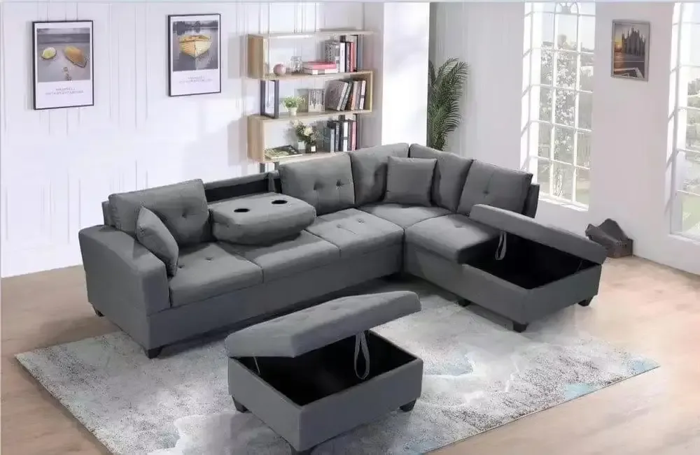 New Grey Fabric Sectional Sofa with Ottoman Amazing Offer thumbnail