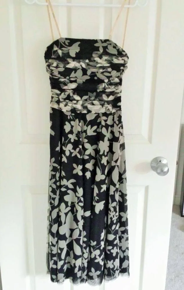BCBG Max Azria Strapless Black & Gray Floral Tulle Dress thumbnail