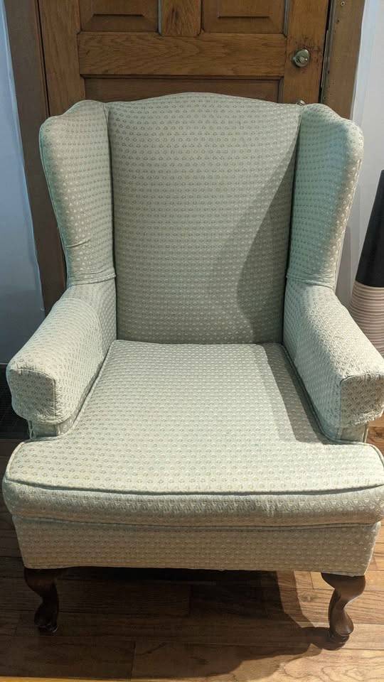 x2 Green Vintage Upholstered Wing Back Chairs - Cherry