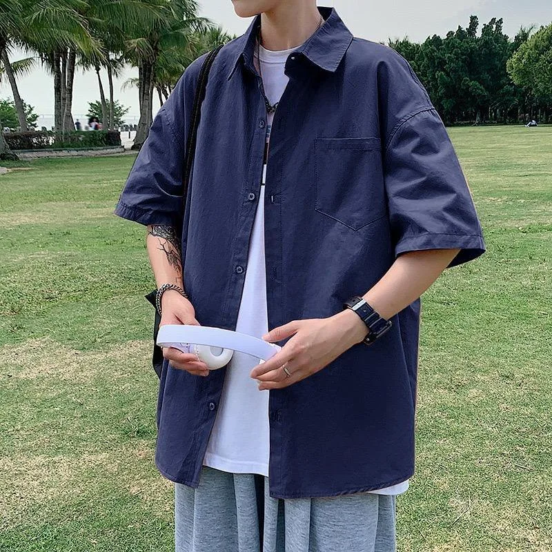 Oversized Korean Style Short Sleeve Shirt – Navy Blue thumbnail