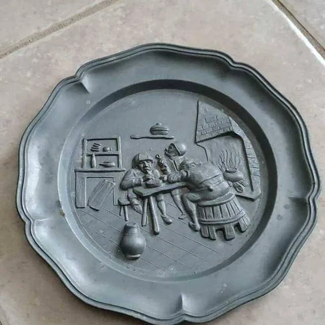 Vintage Pewter Wall Plate – Tavern Scene with Angel Maker’s Mark thumbnail