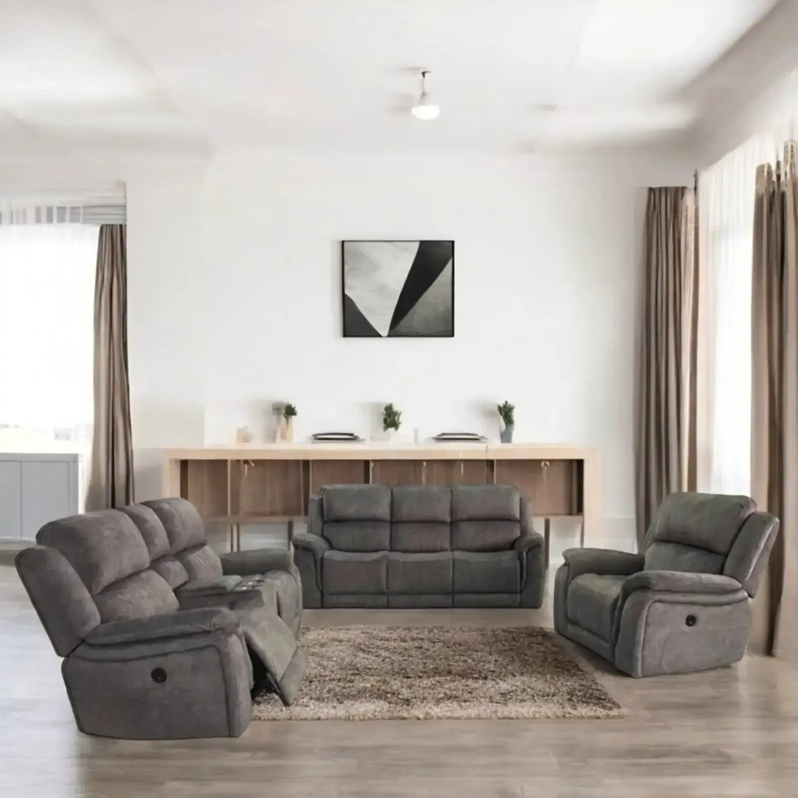 New Sleek 3-Piece Fabric Upholstery - Power Recliner Set - Grey thumbnail