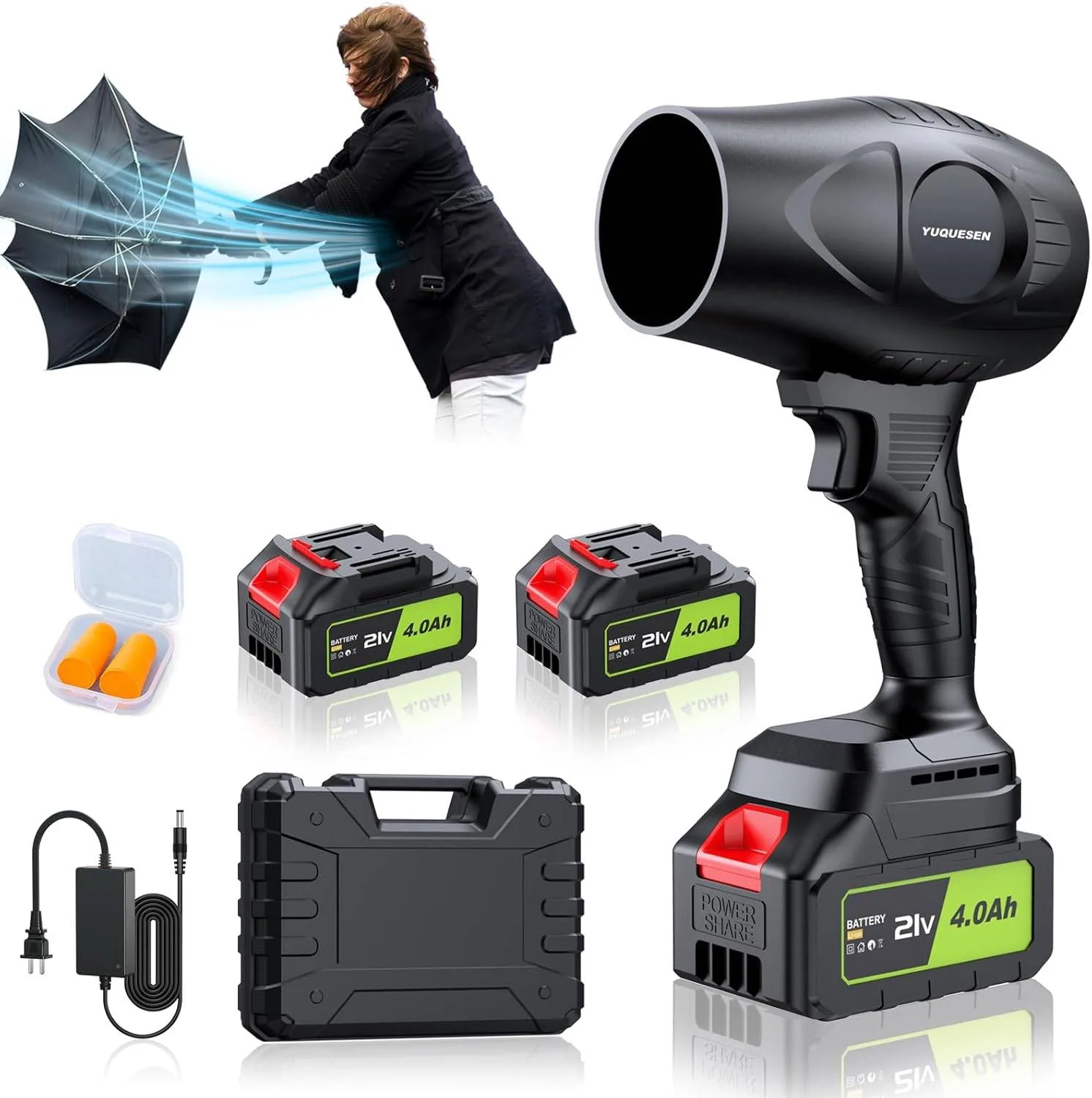 Cordless Leaf Blower 21V with 2×4.0Ah Batteries & Charger