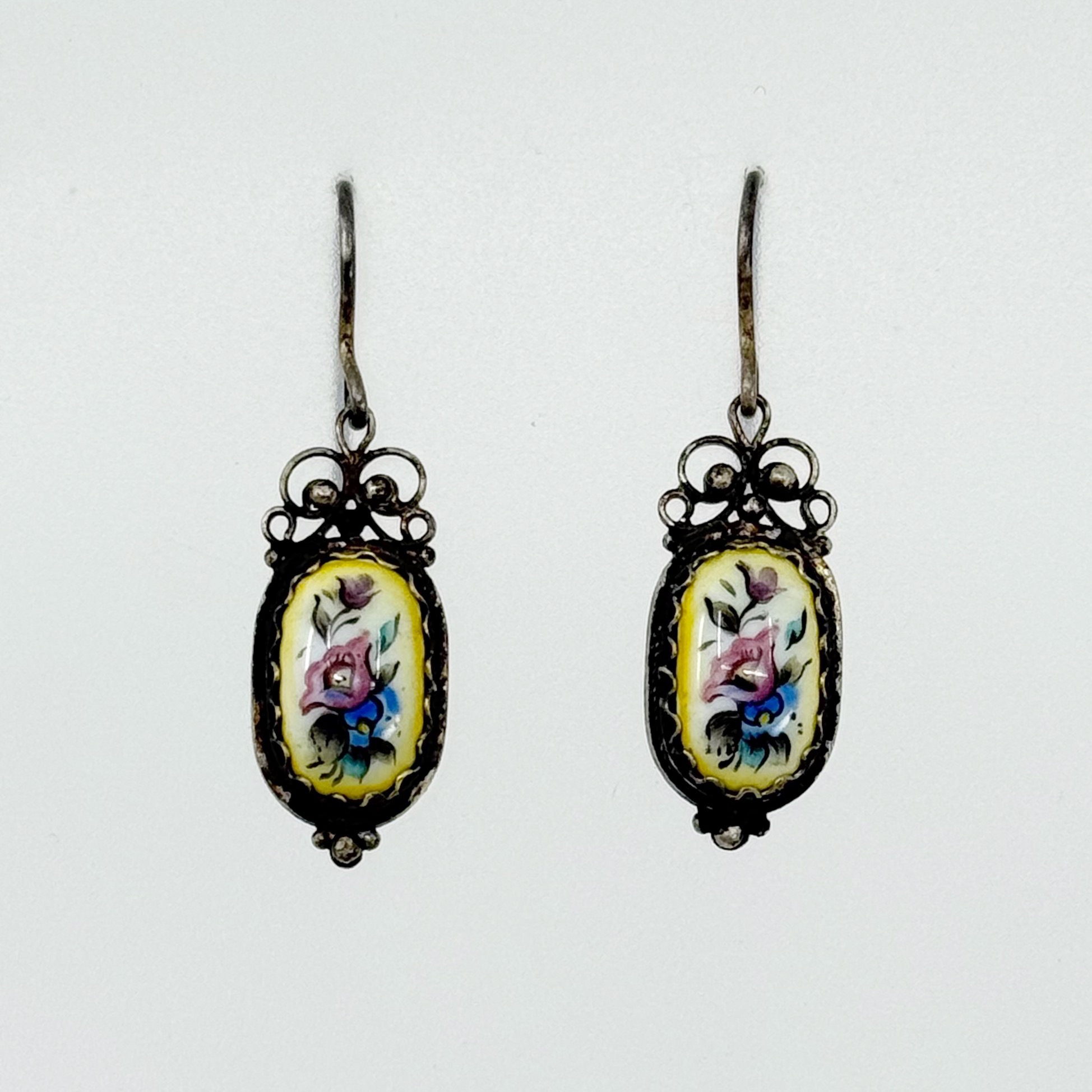 Vintage USSR Russian silver plated Hand Painted enamel earrings