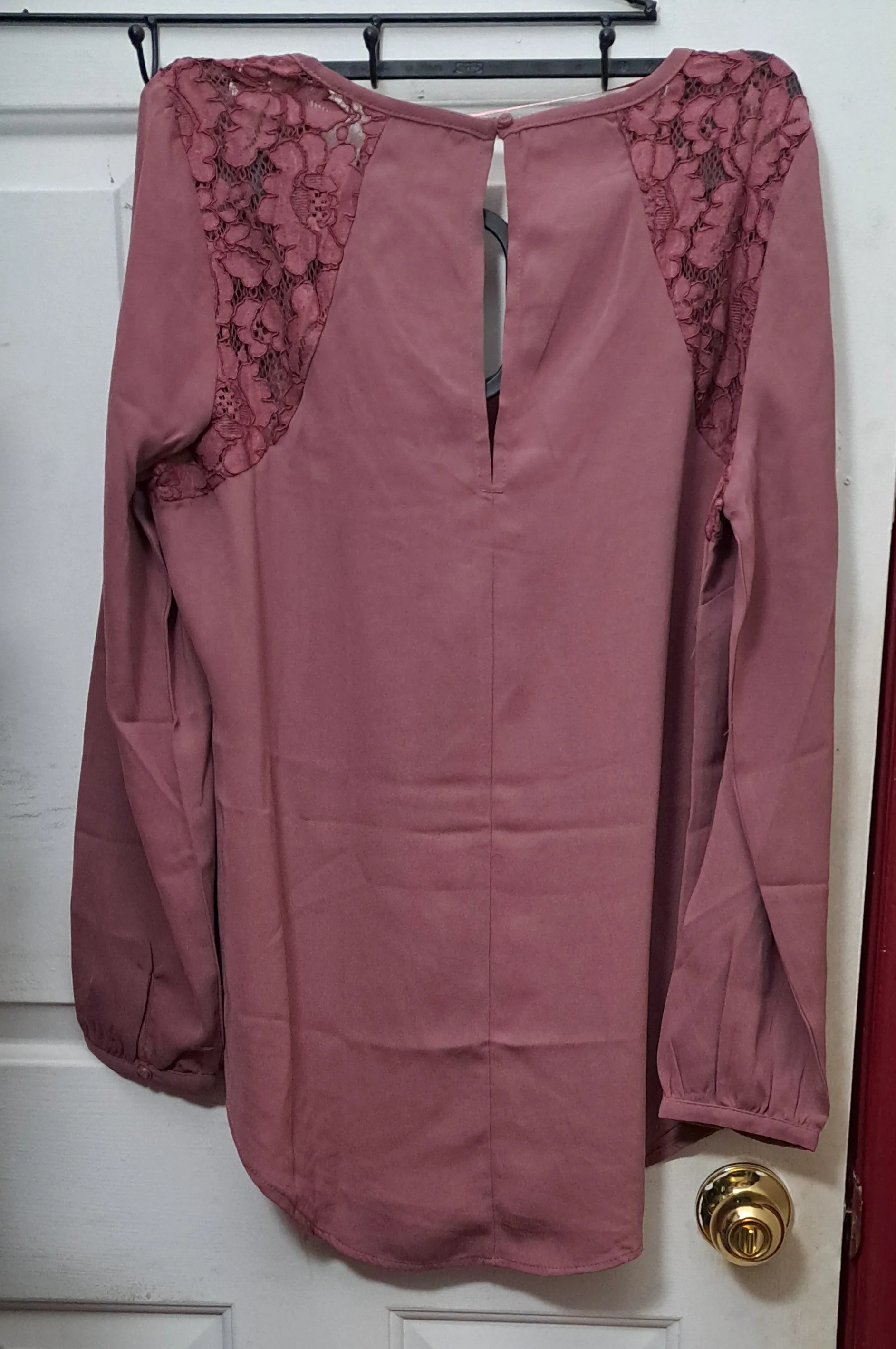 New Beautiful Lace Trim Yoke Long Sleeve Pink Blouse image indicator(2)