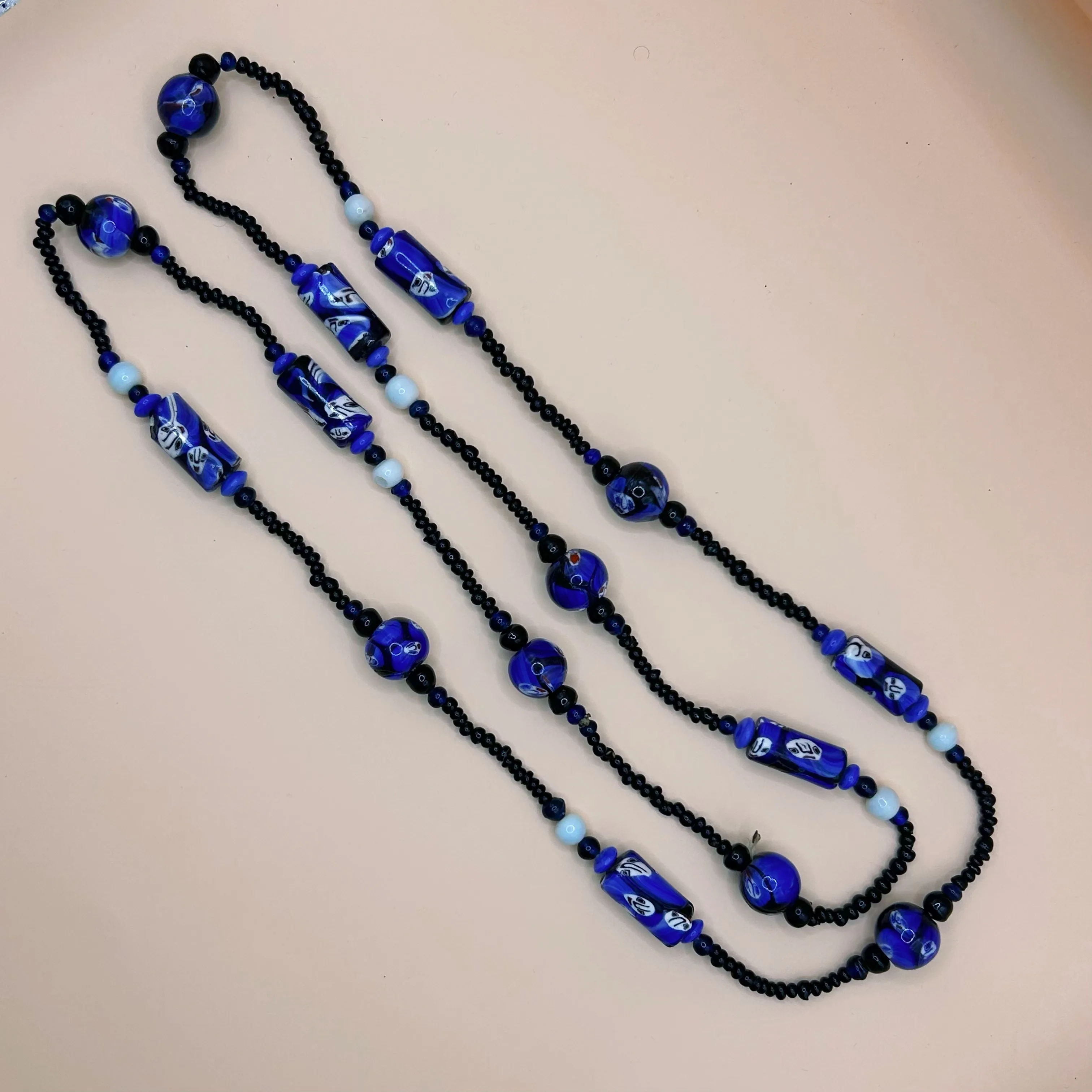 Vintage Beaded Necklace with Agate and Pearls, Long Strand thumbnail