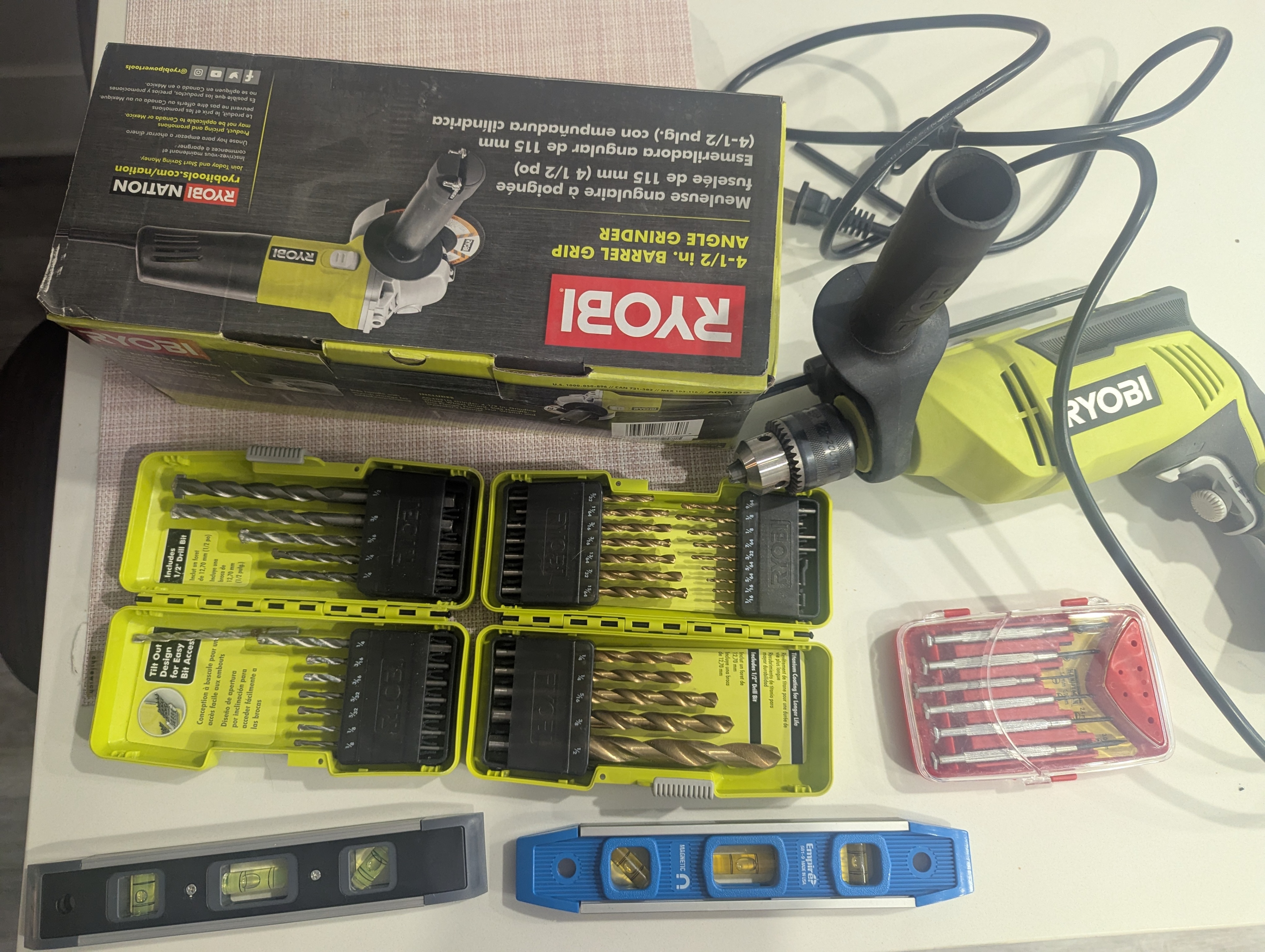 Ryobi DIY Tool Bundle - Drill, Grinder, Levels, & Bits