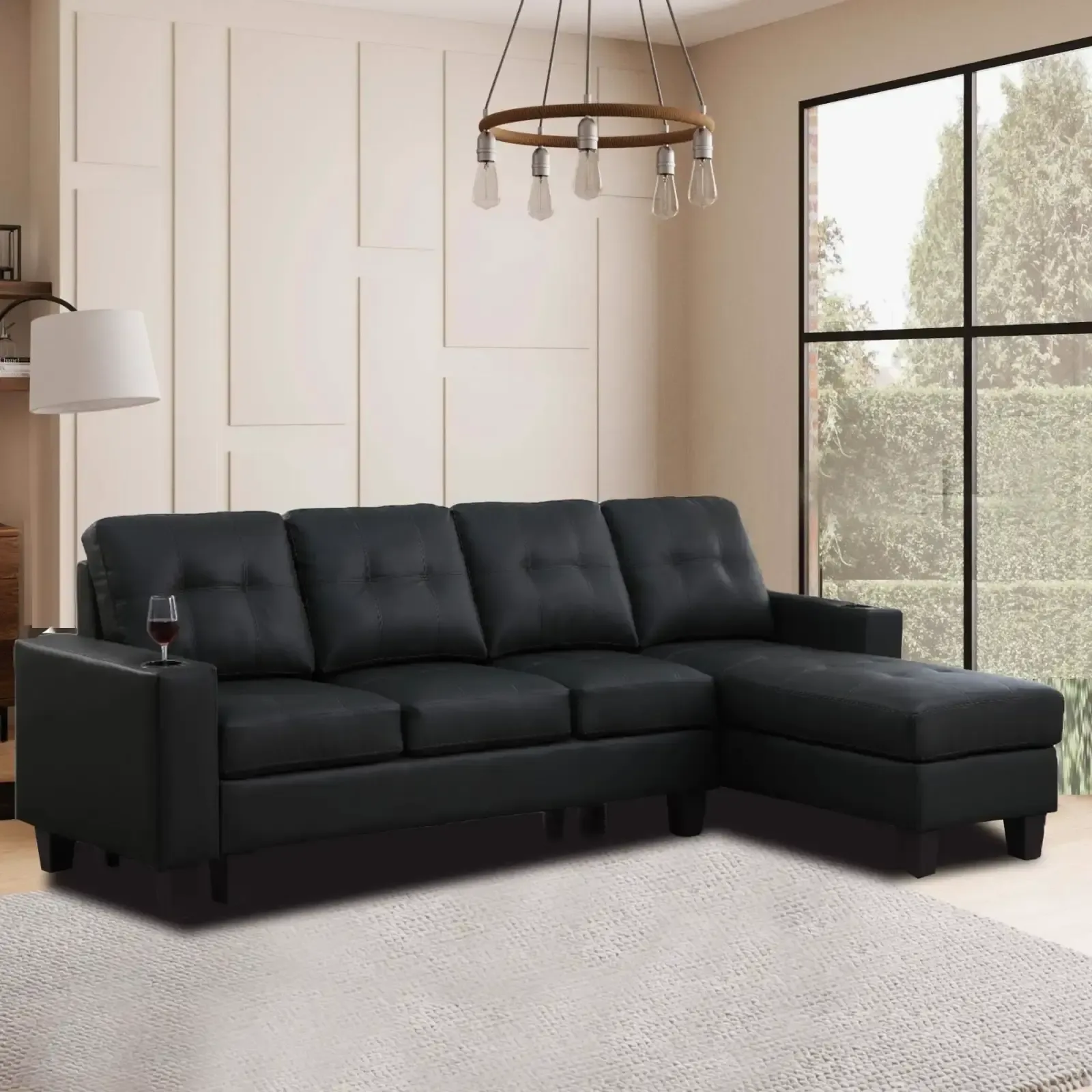 New Sleek 2 Pc Sectional Sofa - Black in Faux Leather Clearance thumbnail