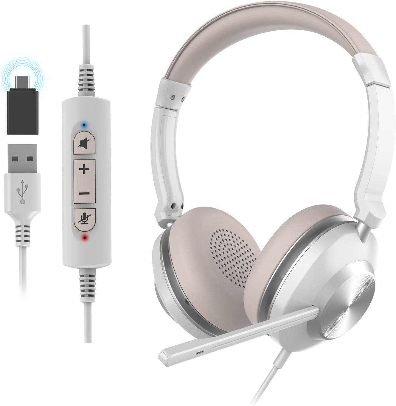 USB Headset with Noise-Cancelling Mic & USB-C for PC/Teams