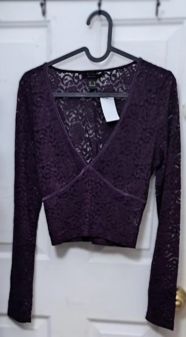 New Women's Floral Lace LS Violet V-Neck Crop Tops thumbnail