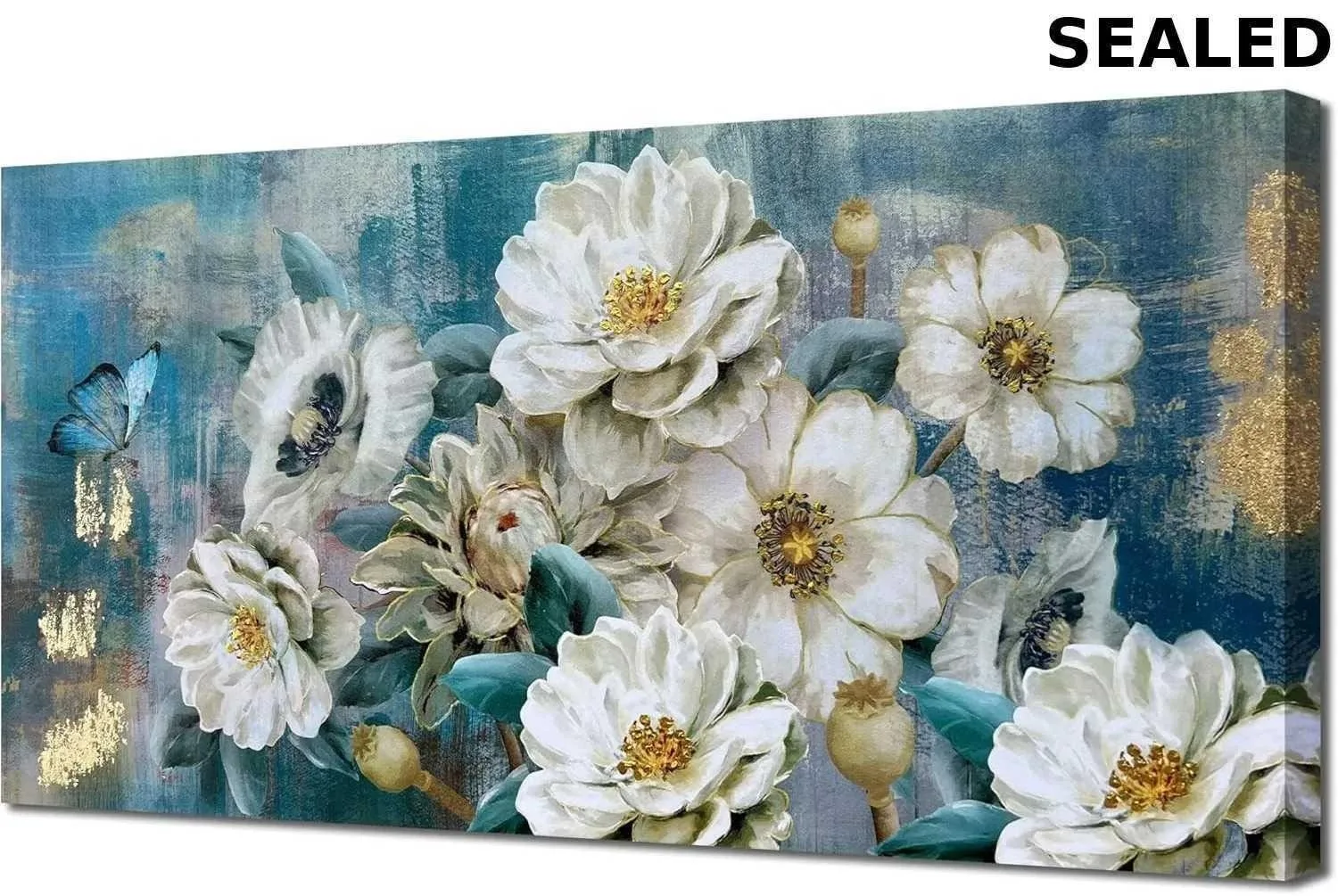 48"x24" Teal & Gold Floral Canvas Art – Modern Wall Décor thumbnail