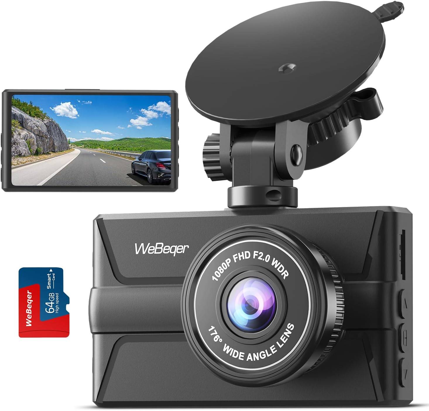 FHD 1080P Dash Cam with 176° Angle, Night Vision & 64GB Card