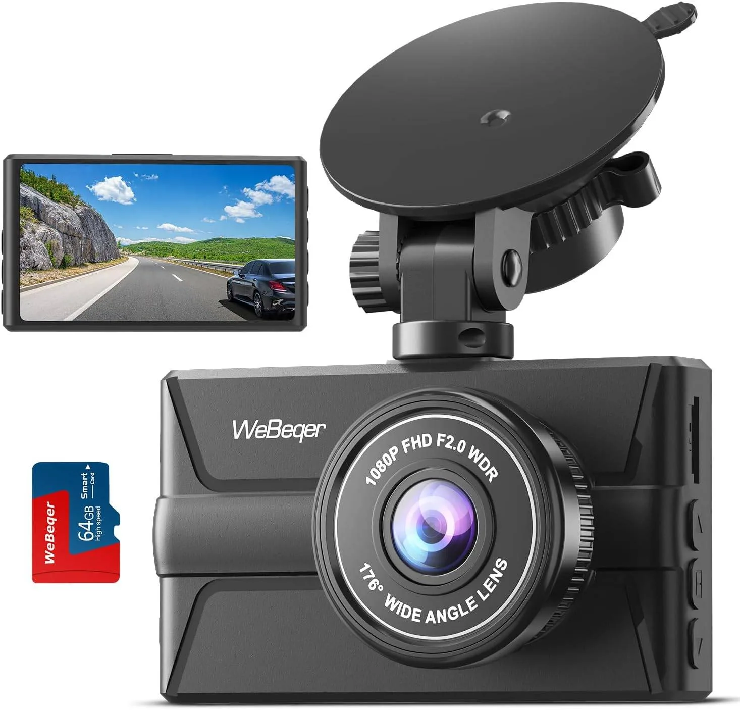 FHD 1080P Dash Cam with 176° Angle, Night Vision & 64GB Card thumbnail