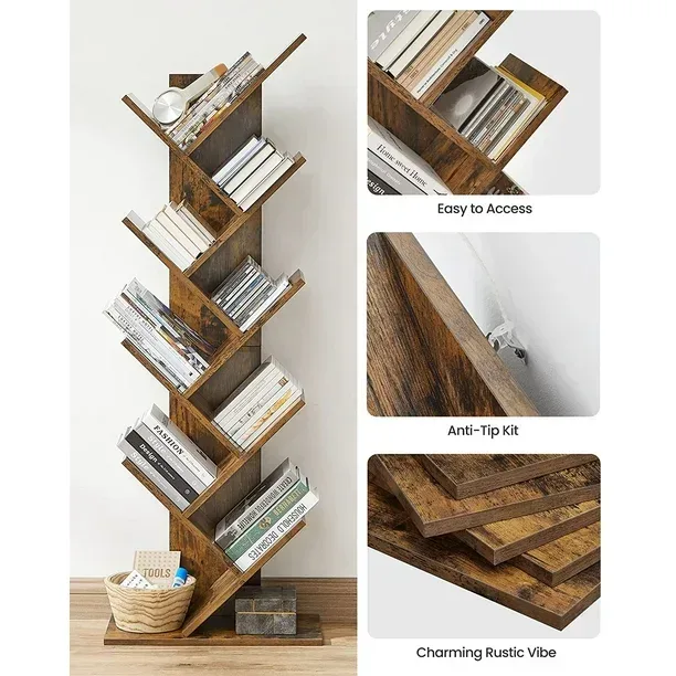 9-Shelf Wood Bookshelf – Rustic Brown | thumbnail