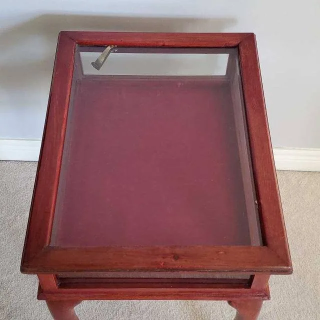 Wooden Display Case / End Table with Glass Top & Red Lining