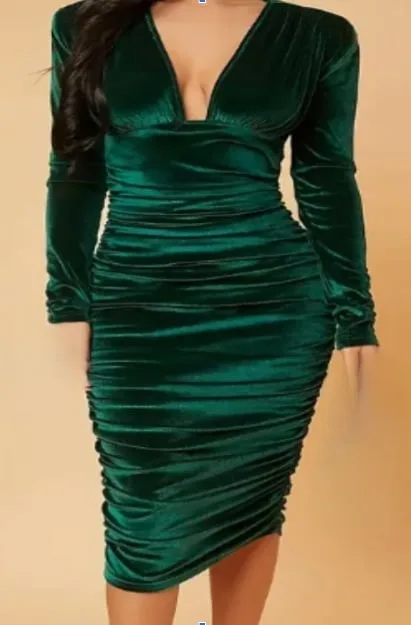 New Elegant Velvet Bodycon Midi Dress thumbnail