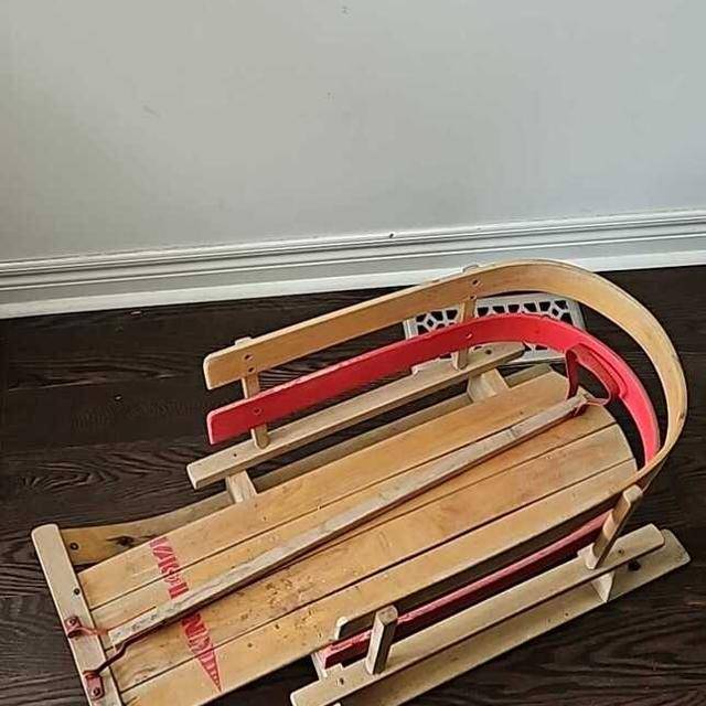 Wooden Snow Sled with Red Metal Runners – Winter Toboggan