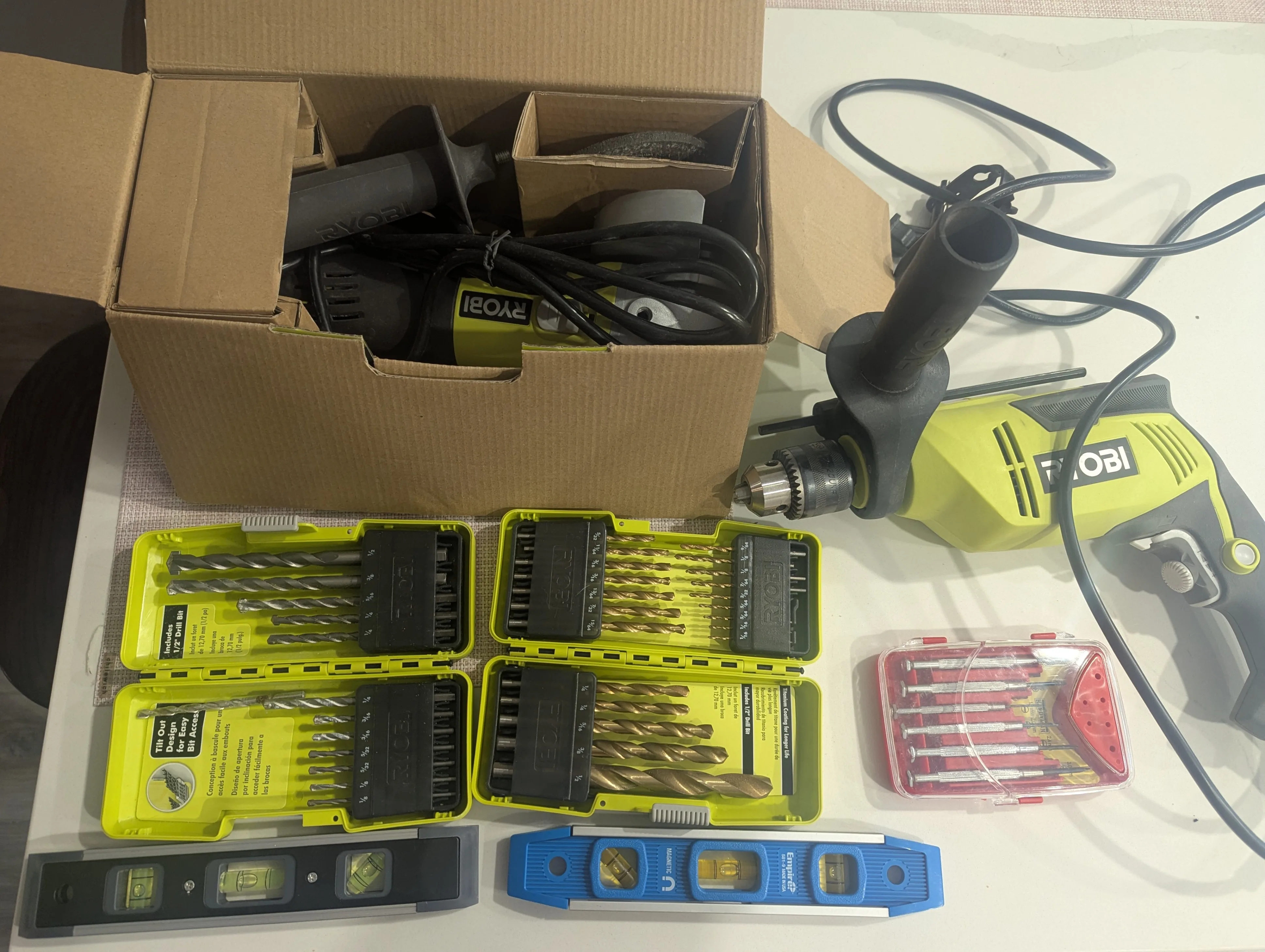 Ryobi DIY Tool Bundle - Drill, Grinder, Levels, & Bits image indicator(2)