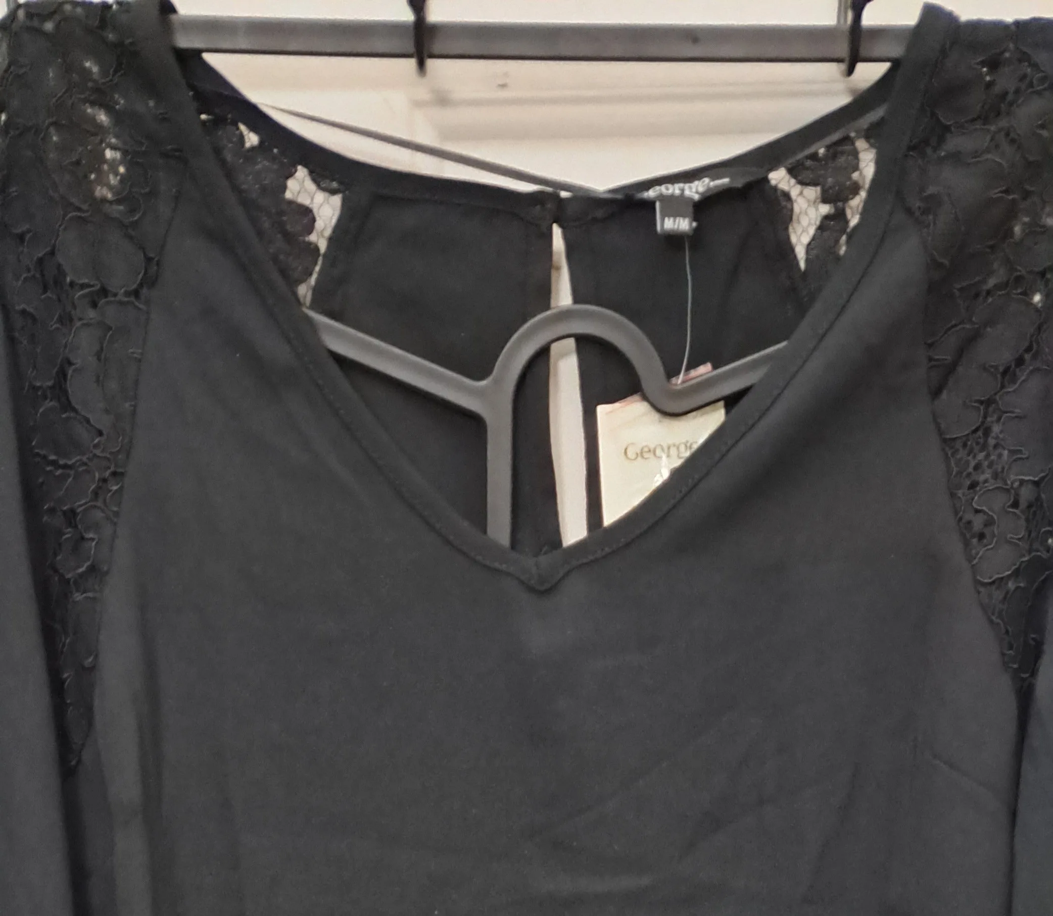 New Beautiful Lace Trim Yoke Long Sleeve Black Blouse image indicator(3)