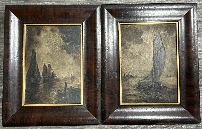 Antique Pair Oil on Board Maritime Paintings Ships at Sea c.1900 thumbnail