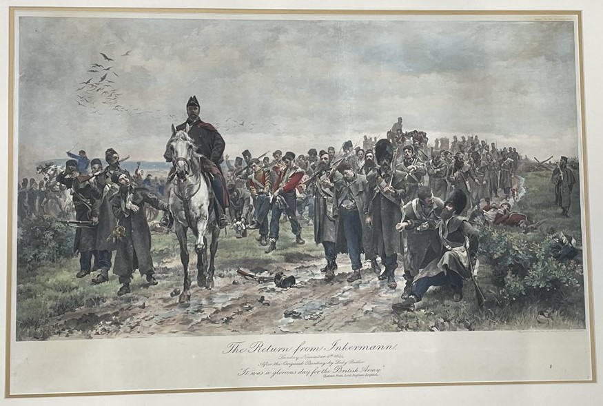 3 Antique Lady Butler Military Lithographs – Waterloo & Crimea - photo 3
