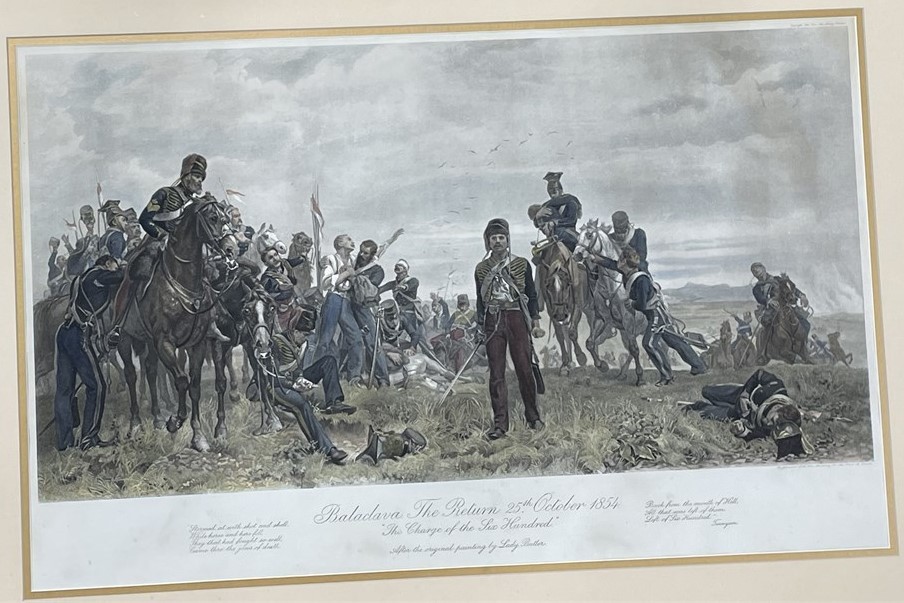 3 Antique Lady Butler Military Lithographs – Waterloo & Crimea - photo 2