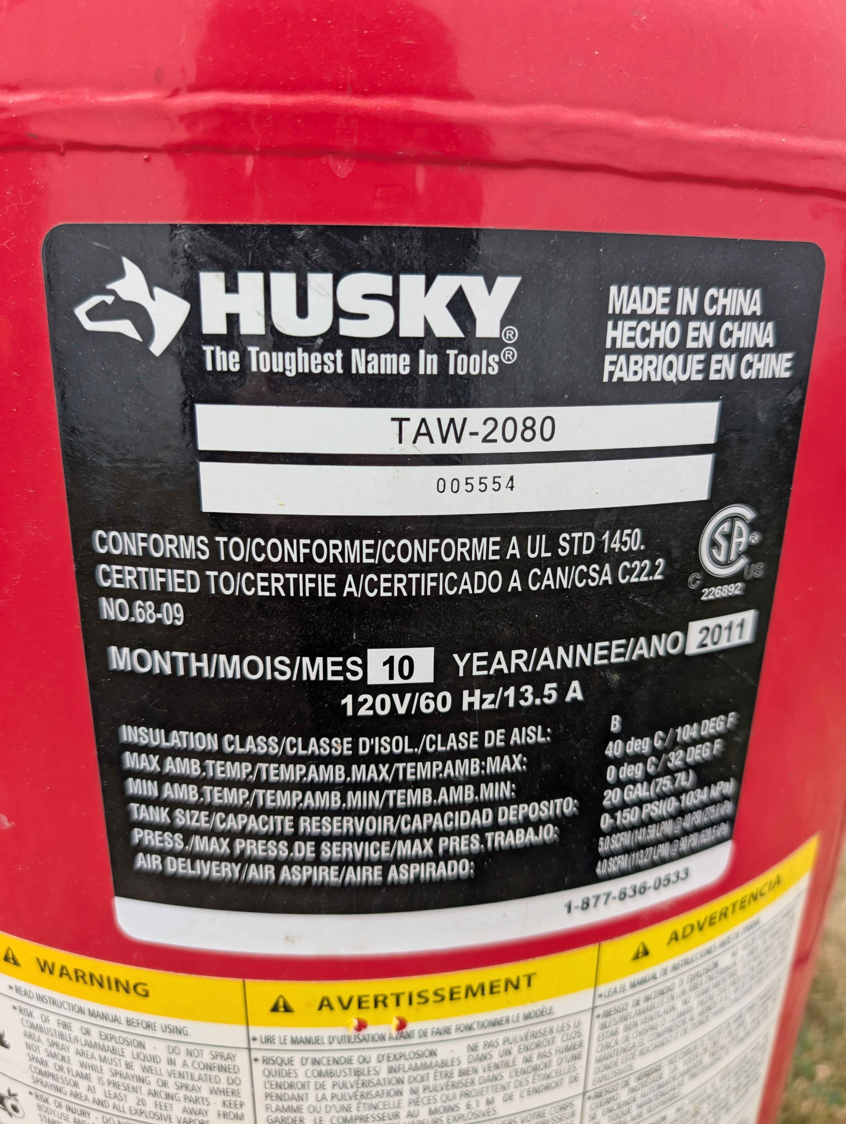 Husky TAW-2080 Electric 20 Gallon Air Compressor - photo 2