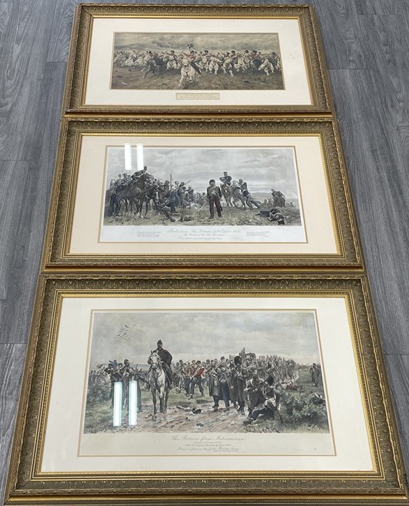3 Antique Lady Butler Military Lithographs – Waterloo & Crimea