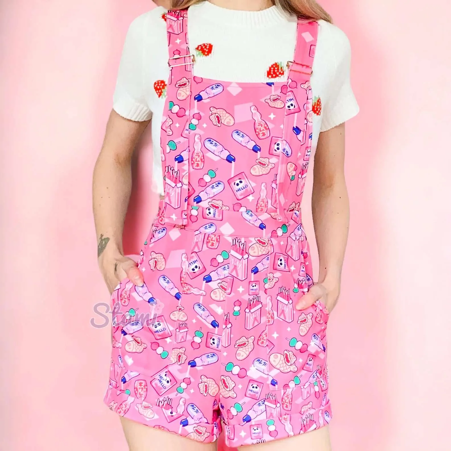 New Japanese Sweets Shorts Overalls | Dango Pocky Taiyaki Print thumbnail