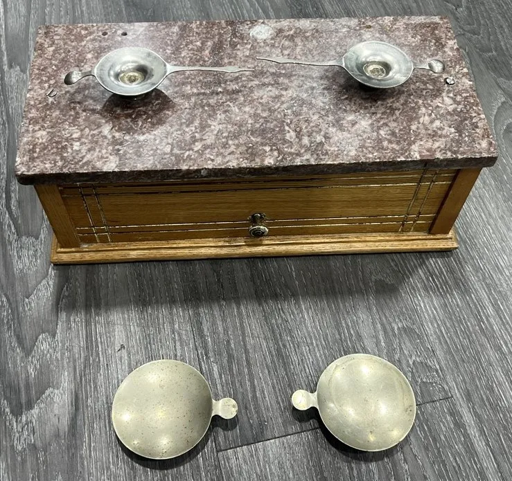 Antique Apothecary Balance Scale – Oak & Marble – Working thumbnail