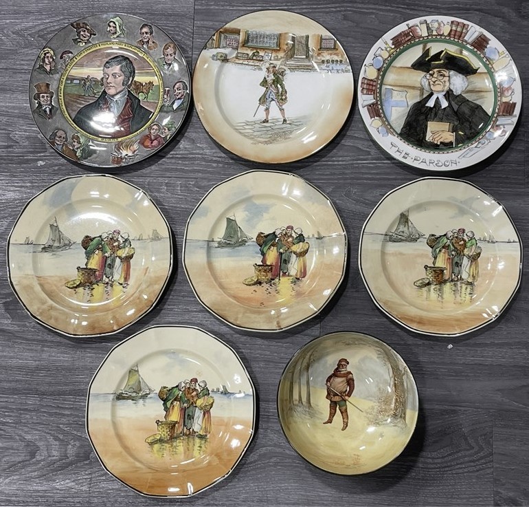 8 Early 1900s Royal Doulton Plates & Falstaff Bowl Dickens&Burns