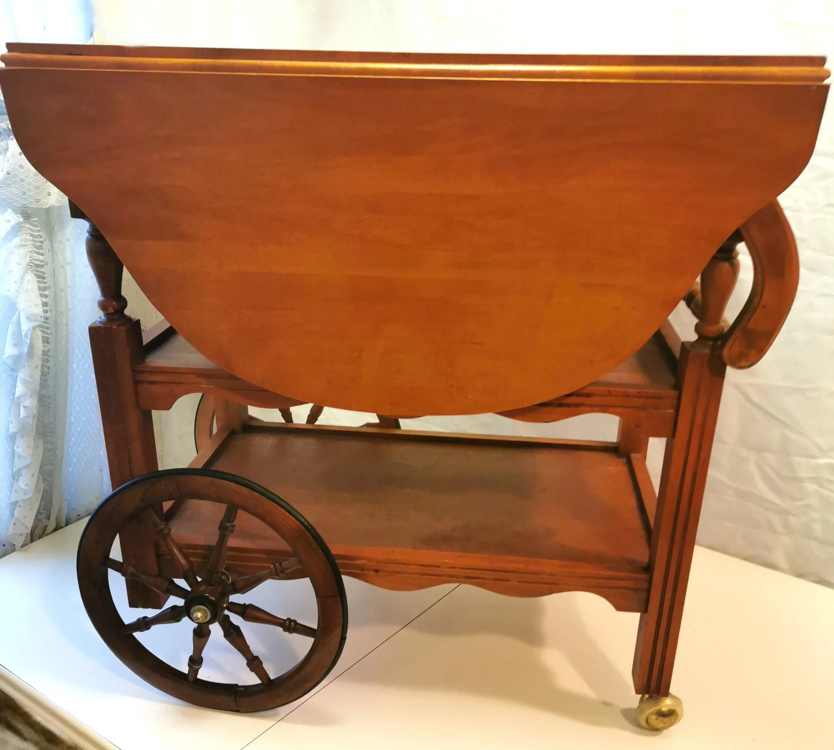 Tea Cart with Drop Leaves Handle for Pushing Vintage Hardwood image indicator(3)