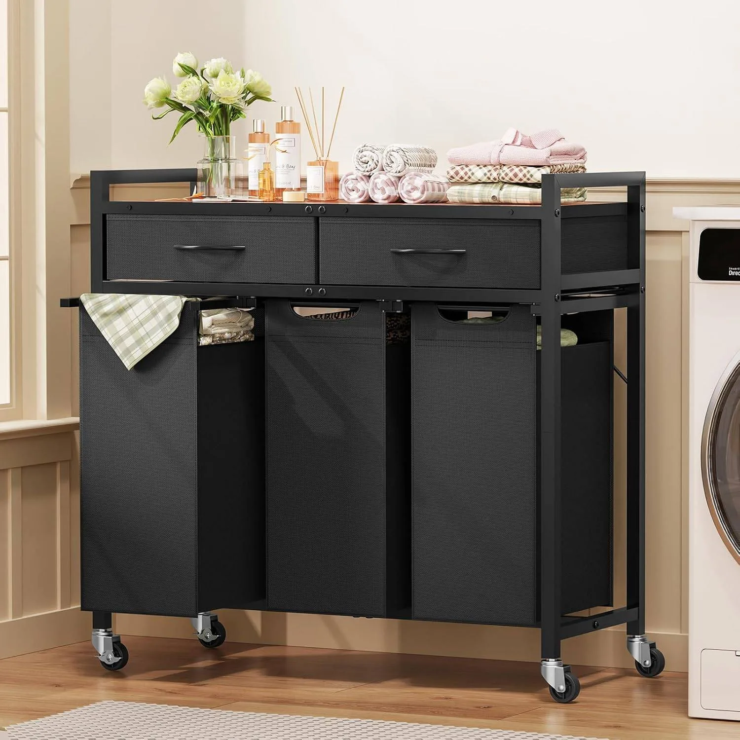 3-Compartment Laundry Hamper with Wheels – 80L x 32W x 79.5H cm image indicator(7)