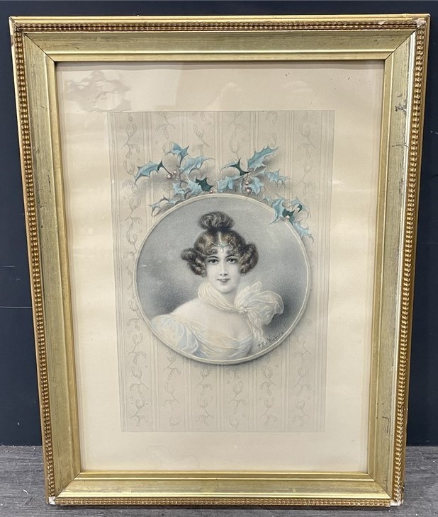 Antique R. R. von Wichera Gouache Portrait of Elegant Lady