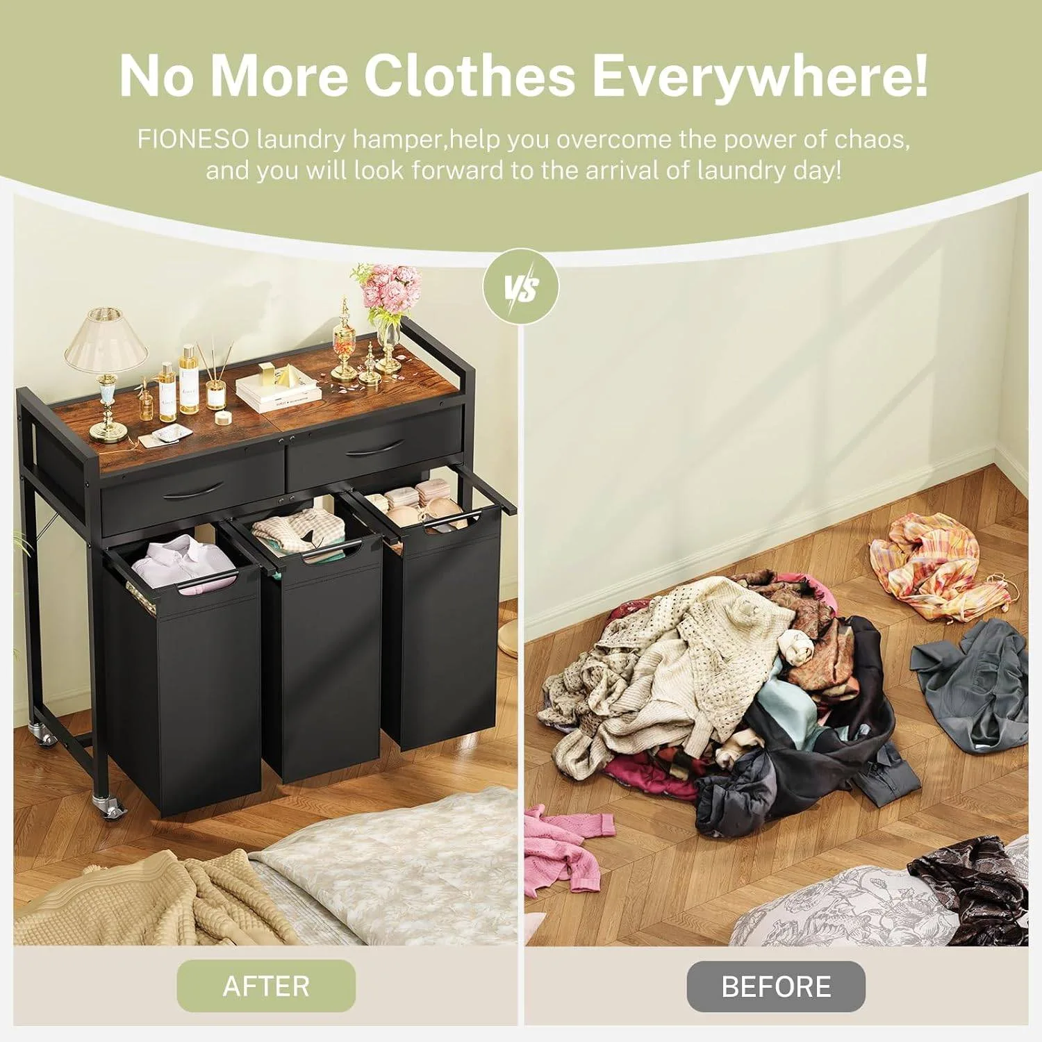 3-Compartment Laundry Hamper with Wheels – 80L x 32W x 79.5H cm image indicator(2)