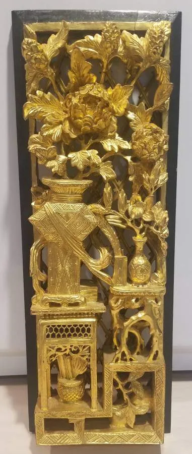 Antique Chinese Giltwood Carving Panel 18" Carved Scholar Motifs thumbnail