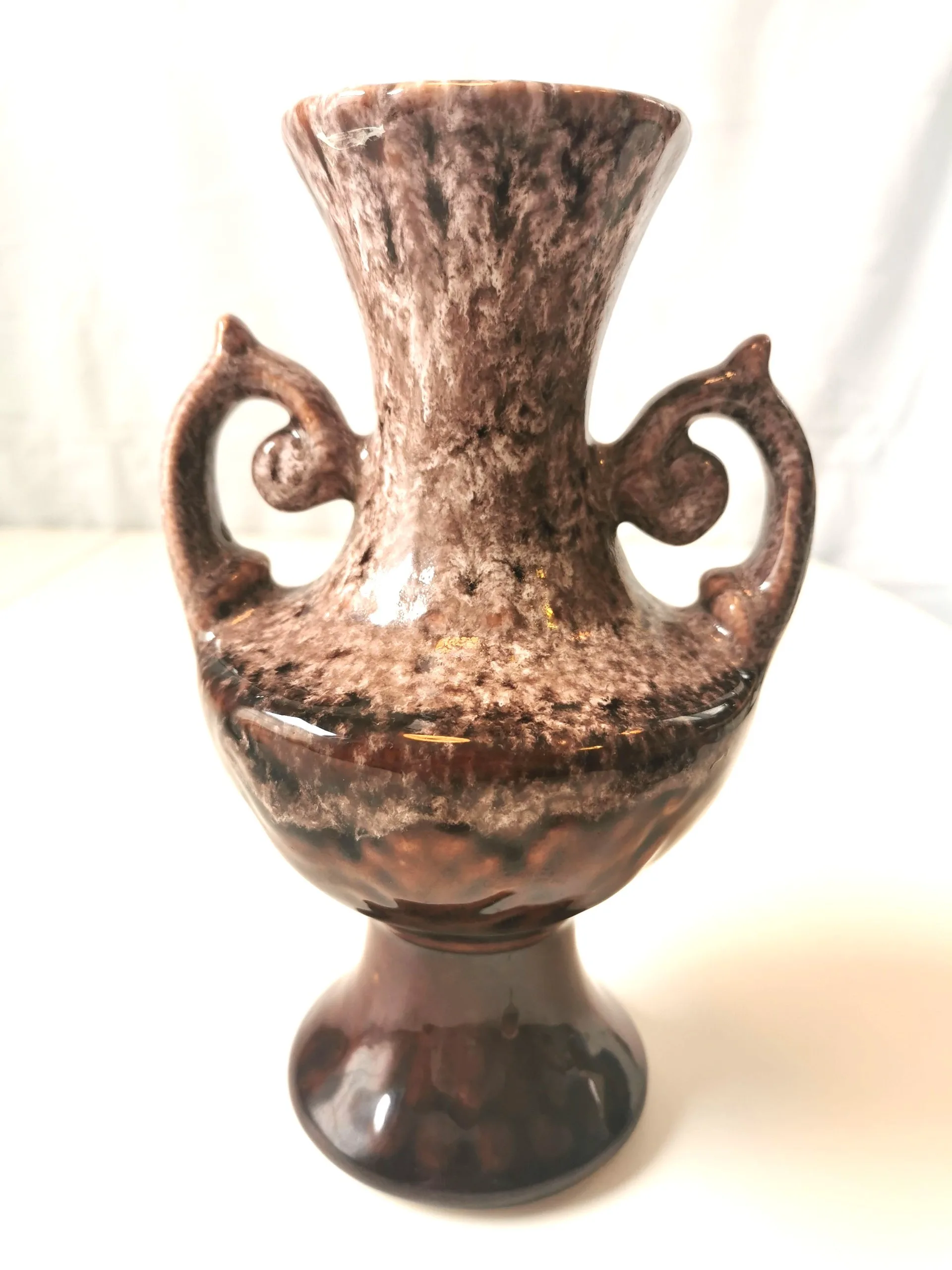 Vase Ceramic Brown Wite Drip Glaze MCM Ornate Double Handle 1960 thumbnail